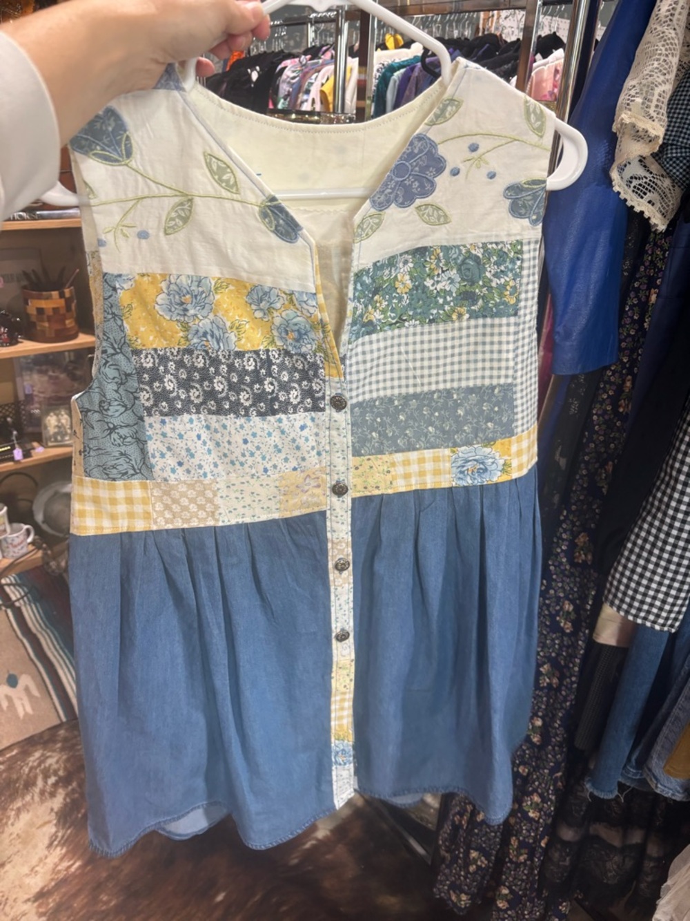 Homemade Vintage Patchwork Button-Front Sleeveless Shirt
